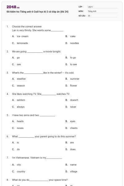Đề kiểm tra Tiếng anh 6 Cuối học kì 2 có đáp án (Đề 24)