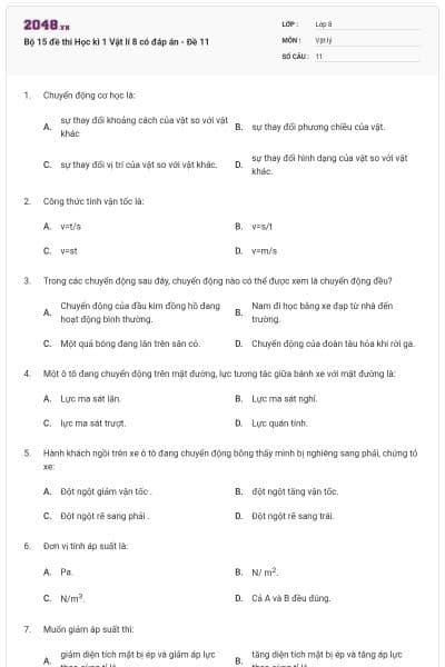 Bộ 15 đề thi Học kì 1 Vật lí 8 có đáp án - Đề 11