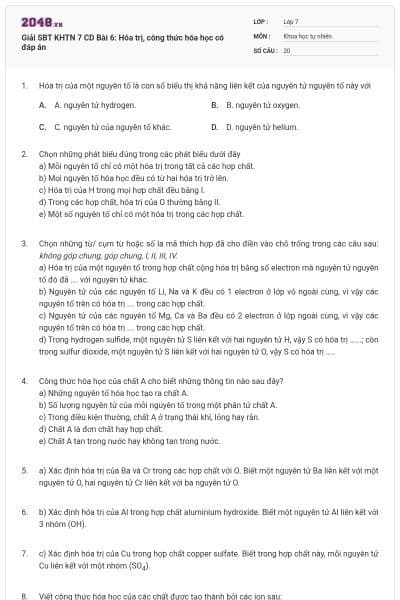 Giải SBT KHTN 7 CD Bài 6: Hóa trị, công thức hóa học có đáp án