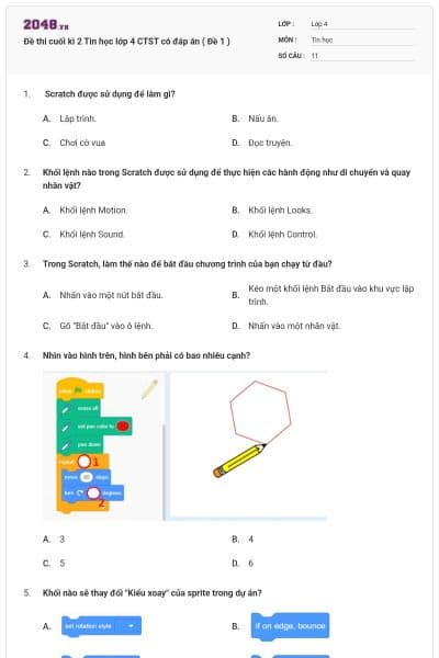 Đề thi cuối kì 2 Tin học lớp 4 CTST có đáp án ( Đề 1 )