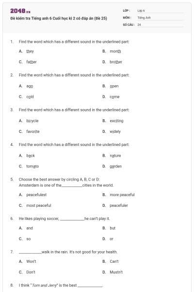 Đề kiểm tra Tiếng anh 6 Cuối học kì 2 có đáp án (Đề 25)