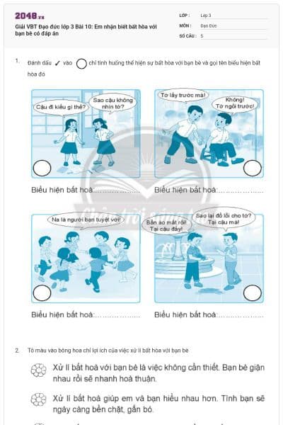 Giải VBT Đạo đức lớp 3 Bài 10: Em nhận biết bất hòa với bạn bè có đáp án