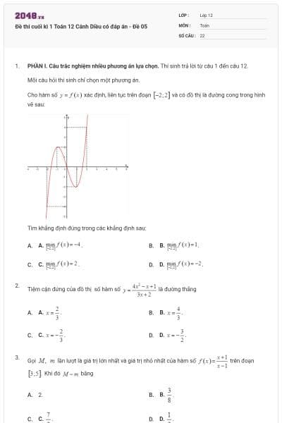 Đề thi cuối kì 1 Toán 12 Cánh Diều có đáp án - Đề 05