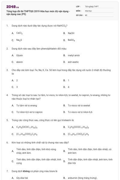 Tổng hợp đề thi THPTQG 2019 Hóa học mức độ vận dụng - vận dụng cao (P5)