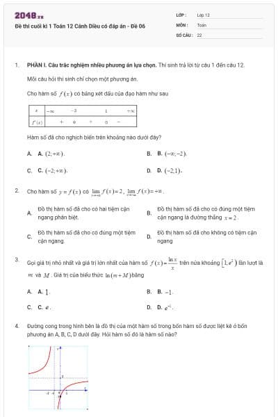 Đề thi cuối kì 1 Toán 12 Cánh Diều có đáp án - Đề 06