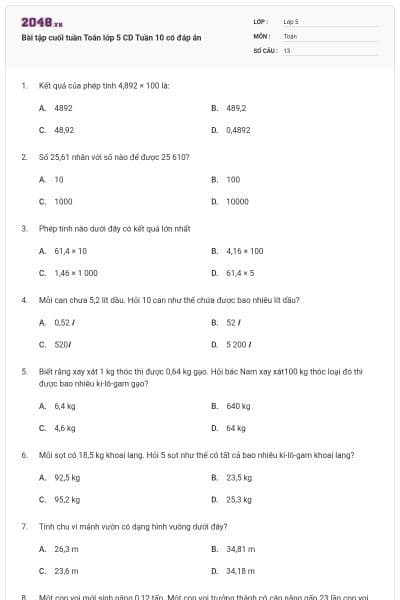 Bài tập cuối tuần Toán lớp 5 CD Tuần 10 có đáp án