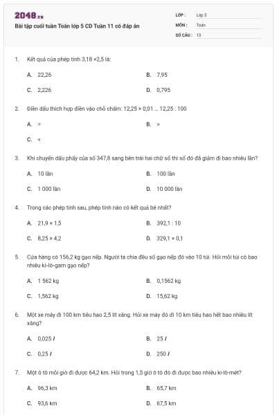 Bài tập cuối tuần Toán lớp 5 CD Tuần 11 có đáp án