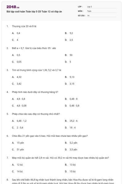 Bài tập cuối tuần Toán lớp 5 CD Tuần 12 có đáp án
