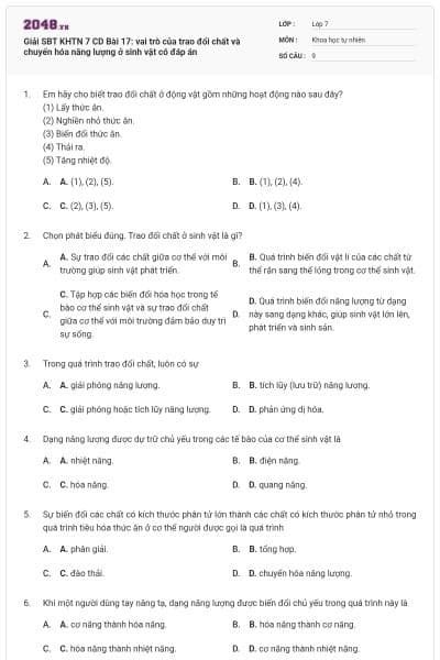 Giải SBT KHTN 7 CD Bài 17: vai trò của trao đổi chất và chuyển hóa năng lượng ở sinh vật có đáp án
