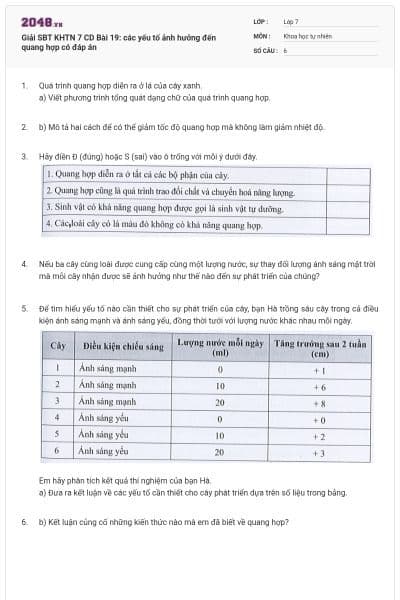 Giải SBT KHTN 7 CD Bài 19: các yếu tố ảnh hưởng đến quang hợp có đáp án