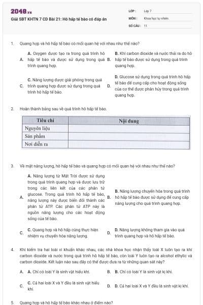 Giải SBT KHTN 7 CD Bài 21: Hô hấp tế bào có đáp án