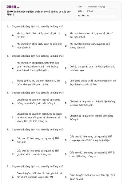 500+Câu hỏi trắc nghiệm quản trị cơ sở dữ liệu có đáp án - Phần 7
