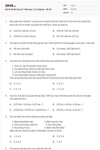 Bộ 25 đề thi Học kì 1 Sinh học 12 có đáp án - Đề 24