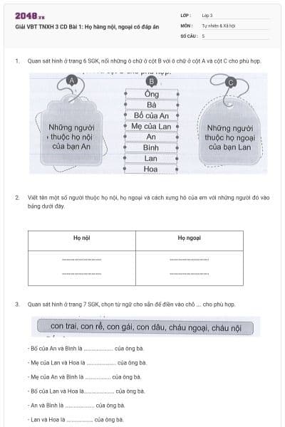 Giải VBT TNXH 3 CD Bài 1: Họ hàng nội, ngoại có đáp án