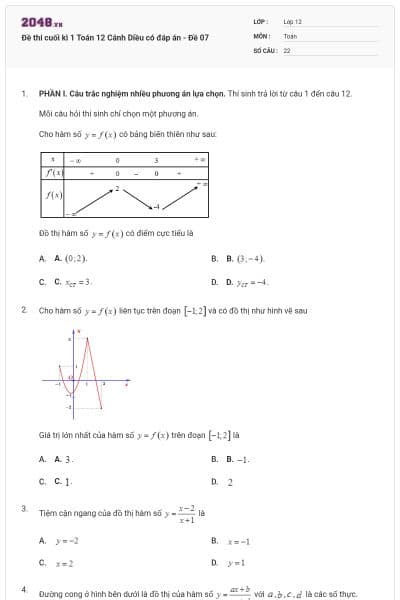 Đề thi cuối kì 1 Toán 12 Cánh Diều có đáp án - Đề 07