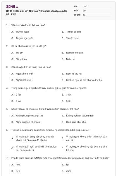 Bộ 15 đề thi giữa kì 1 Ngữ văn 7 Chân trời sáng tạo có đáp án - Đề 8