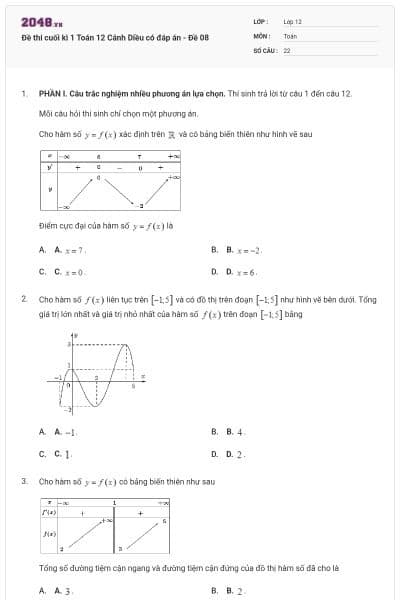 Đề thi cuối kì 1 Toán 12 Cánh Diều có đáp án - Đề 08