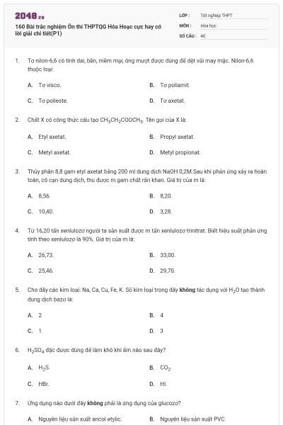 160 Bài trắc nghiệm Ôn thi THPTQG Hóa Hoạc cực hay có lời giải chi tiết(P1)