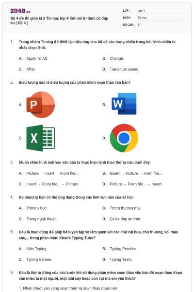 Bộ 4 đề thi giữa kì 2 Tin học lớp 4 Kết nối tri thức có đáp án ( Đề 4 )