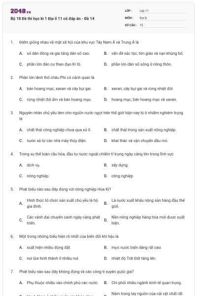 Bộ 18 Đề thi học kì 1 Địa lí 11 có đáp án - Đề 14