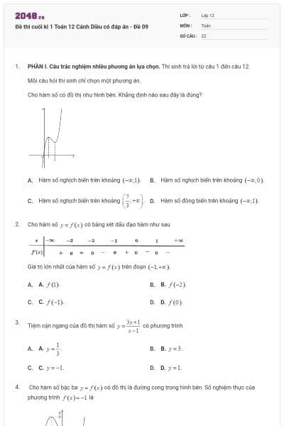 Đề thi cuối kì 1 Toán 12 Cánh Diều có đáp án - Đề 09
