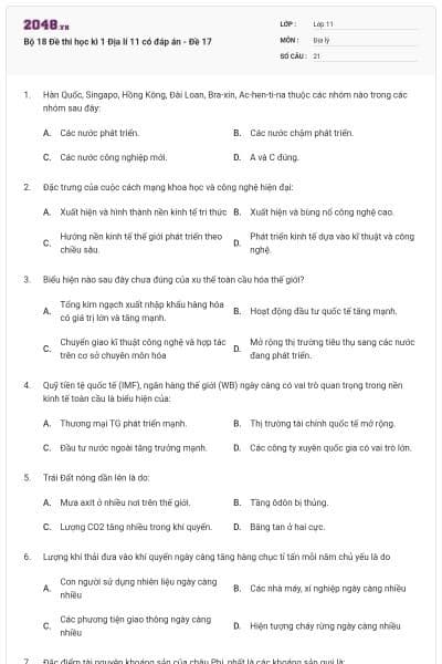 Bộ 18 Đề thi học kì 1 Địa lí 11 có đáp án - Đề 17