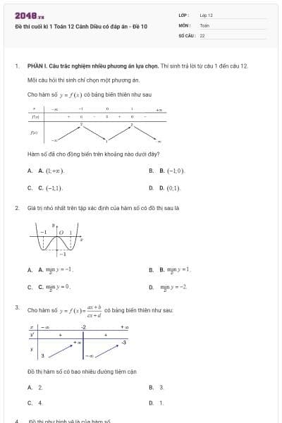 Đề thi cuối kì 1 Toán 12 Cánh Diều có đáp án - Đề 10