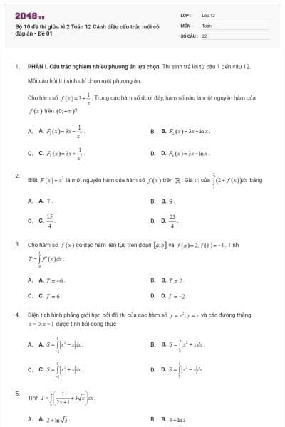 Bộ 10 đề thi giữa kì 2 Toán 12 Cánh diều cấu trúc mới có đáp án - Đề 01