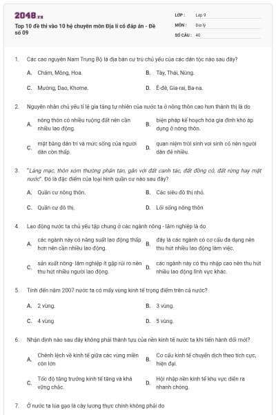 Top 10 đề thi vào 10 hệ chuyên môn Địa lí có đáp án - Đề số 09