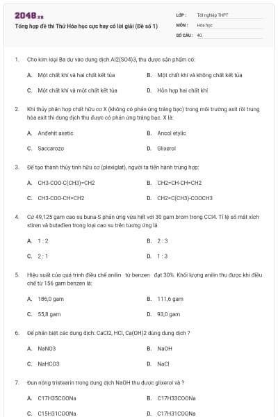Tổng hợp đề thi Thử Hóa học cực hay có lời giải (Đề số 1)