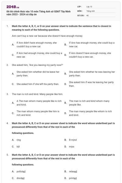 Đề thi chính thức vào 10 môn Tiếng Anh sở GDĐT Tây Ninh năm 2023 - 2024 có đáp án