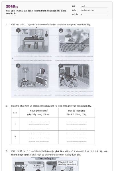 Giải VBT TNXH 3 CD Bài 3: Phòng tránh hoả hoạn khi ở nhà có đáp án