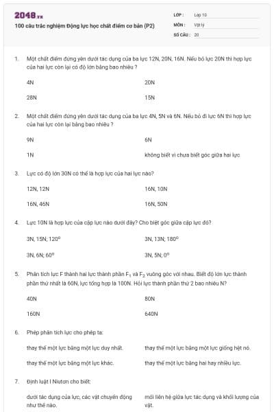 100 câu trắc nghiệm Động lực học chất điểm cơ bản (P2)