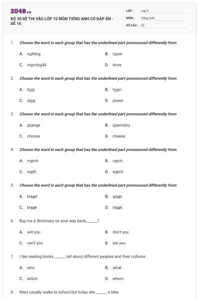 BỘ 30 ĐỀ THI VÀO LỚP 10 MÔN TIẾNG ANH CÓ ĐÁP ÁN - ĐỀ 16