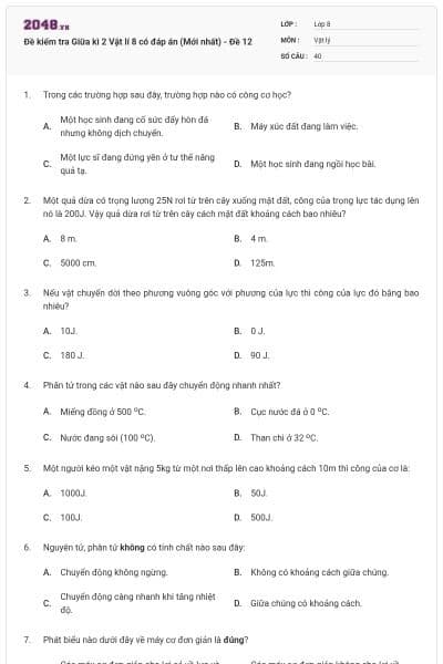 Đề kiểm tra Giữa kì 2 Vật lí 8 có đáp án (Mới nhất) - Đề 12