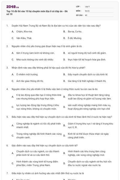 Top 10 đề thi vào 10 hệ chuyên môn Địa lí có đáp án - Đề số 10