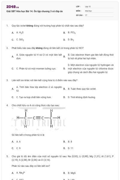 Giải SBT Hóa học Bài 14. Ôn tập chương 3 có đáp án