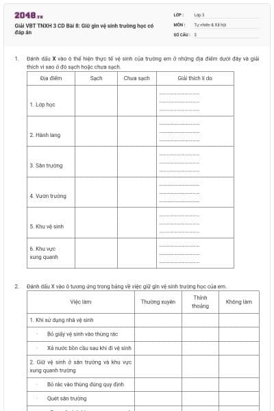 Giải VBT TNXH 3 CD Bài 8: Giữ gìn vệ sinh trường học có đáp án