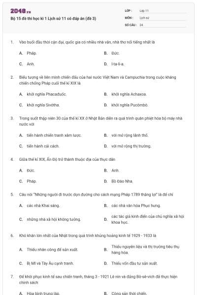 Bộ 15 đề thi học kì 1 Lịch sử 11 có đáp án (đề 3)