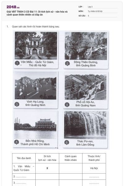 Giải VBT TNXH 3 CD Bài 11: Di tích lịch sử - văn hóa và cảnh quan thiên nhiên có đáp án