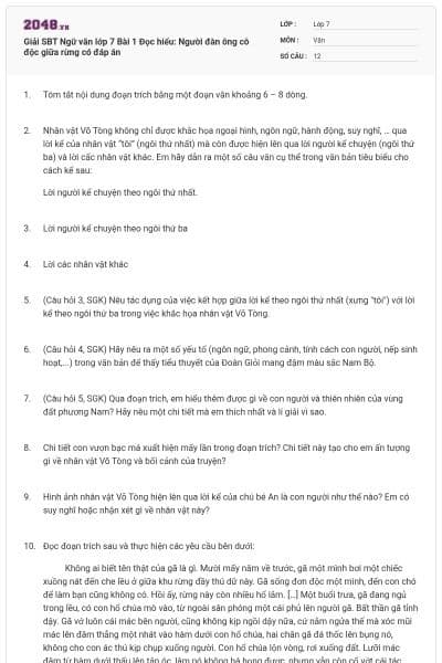 Giải SBT Ngữ văn lớp 7 Bài 1 Đọc hiểu: Người đàn ông cô độc giữa rừng có đáp án