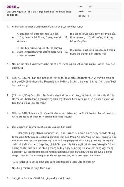 Giải SBT Ngữ văn lớp 7 Bài 1 Đọc hiểu: Buổi học cuối cùng có đáp án