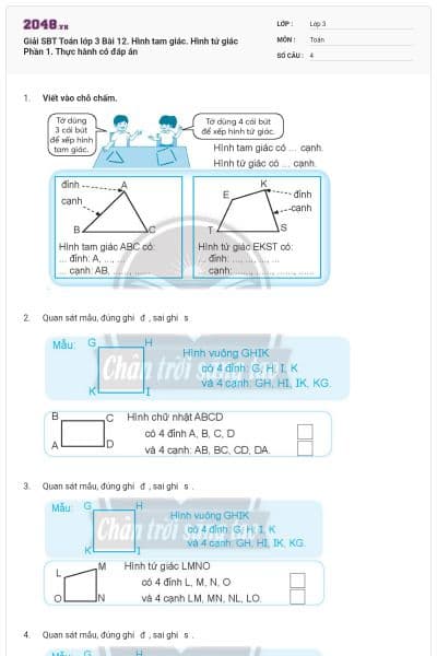 Giải SBT Toán lớp 3 Bài 12. Hình tam giác. Hình tứ giác Phần 1. Thực hành có đáp án