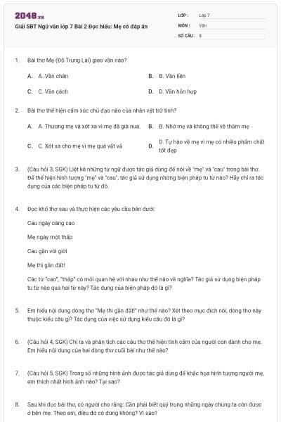 Giải SBT Ngữ văn lớp 7 Bài 2 Đọc hiểu: Mẹ có đáp án