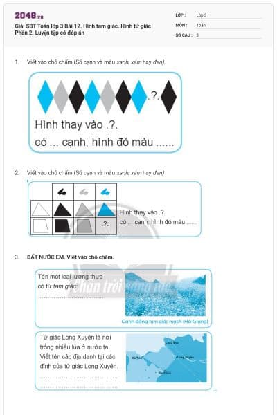 Giải SBT Toán lớp 3 Bài 12.  Hình tam giác. Hình tứ giác Phần 2. Luyện tập có đáp án