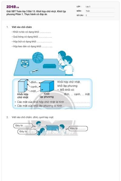 Giải SBT Toán lớp 3 Bài 13. Khối hộp chữ nhật. Khối lập phương Phần 1. Thực hành có đáp án