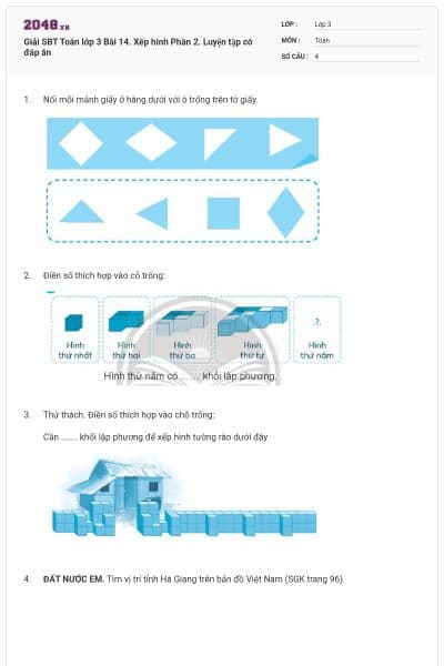 Giải SBT Toán lớp 3 Bài 14. Xếp hình Phần 2. Luyện tập có đáp án