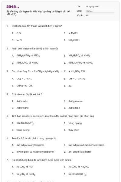 Bộ đề tăng tốc luyện thi Hóa Học cực hay có lời giải chi tiết (đề số 1)