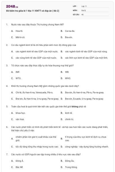 Đề kiểm tra giữa kì 1 Địa 11 KNTT có đáp án ( Đề 2)