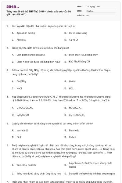 Tổng hợp đề thi thử THPTQG 2019 - chuẩn cấu trúc của bộ giáo dục (Đề số 1)